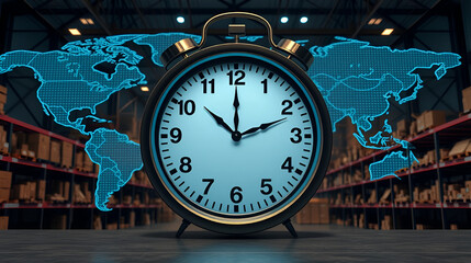 drop shipping store clock Concept. Clock in a warehouse with a digital world map backdrop, symbolizing time and global logistics.