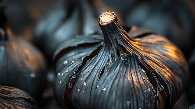 Close-up macro of a black garlic clove with glistening molasses-like strands and a rich, darkened peel. Captured under warm dramatic lighting, emphasizing texture and stickiness.