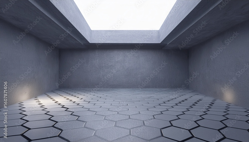 Poster empty concrete hexagons pattern room interior with light from ceiling 3d rendering