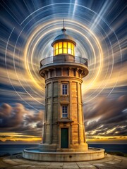 Conceptual digital artwork of a glowing lighthouse radiating powerful circular light beams in a surreal twilight setting