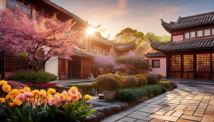 serene blossom courtyard a picturesque chinese style courtyard garden brimming with vibrant cherry blossoms sunflowers and an array of colorful flowers bathed in the warm glow of evening light