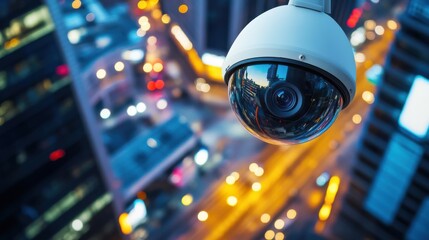 Close up of a security camera overlooking a city at night with blurred lights and building tops visible