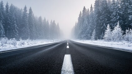 Winter road through a frosted forest