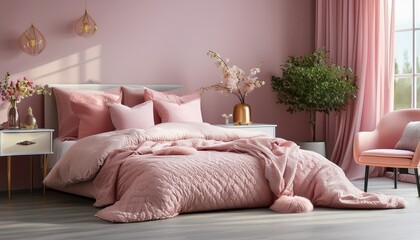 a bedroom with a pink bedspread and pink pillows
