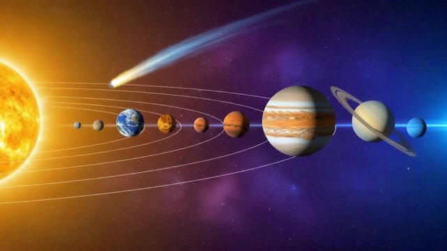A vibrant illustration of the solar system showcasing the sun planets in their orbits and a passing comet against a starry cosmic background