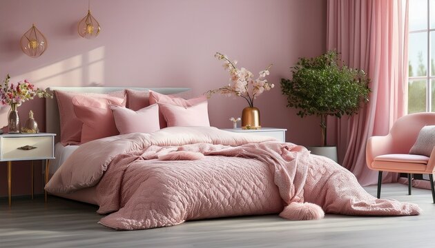 a bedroom with a pink bedspread and pink pillows