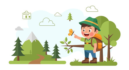 Fototapeta premium Young Adventurer Discovers a Butterfly in a Beautiful Cartoon Landscape