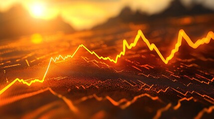 Glowing data graph over textured landscape, sunset background