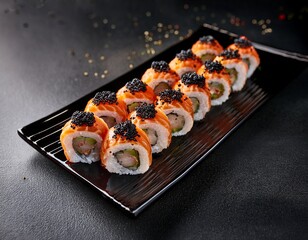 delicious salmon uramaki sushi rolls topped with black and red caviar sesame seeds and a flavorful sauce presented on a sleek black plate