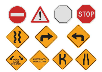 Collection of Various Road Traffic Signs with Different Shapes and Colors.