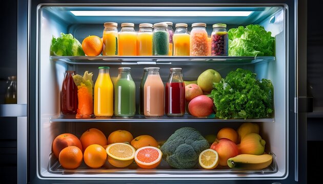 a well organized refrigerator filled with fresh fruits vegetables and juices epitomizing healthy living and proper food storage