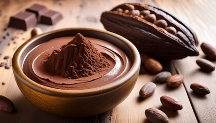 delicious chocolate cream in a bowl with a chunk of chocolate on top cocoa beans and cocoa powder on a wooden table