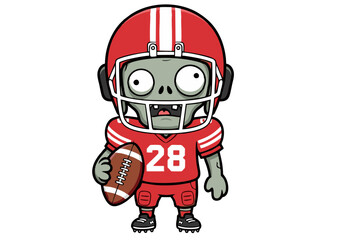 Cartoon Zombie Football Player Holding Ball Wearing Red Helmet and Uniform.