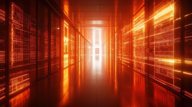Glowing, orange server room corridor with abstract lines