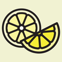 lemon, Illustration of a sliced lemon and a lemon wedge on a light yellow background. Fresh citrus fruit graphic