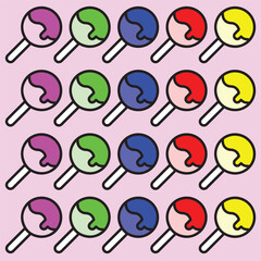 Seamless pattern of colorful swirled lollipops on a pink background. Sweet candy repeat design