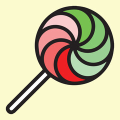 Colorful swirl lollipop with red, pink, and green stripes on a yellow background. Sweet candy illustration
