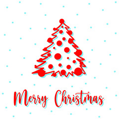 Christmas postcard with hand drawn outline fir tree. Red fir tree with ornaments and snowflakes on white background. Concept festive outline fir tree postcard to send Merry Christmas wishes.