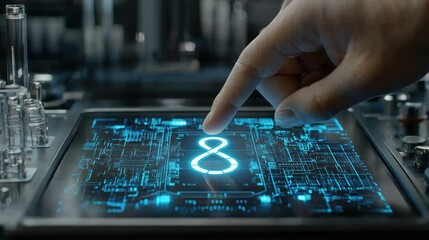 Hand touches glowing 8 on screen; circuit board details