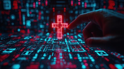 Hand touches glowing cross amid digital circuit pattern