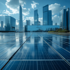 Modern city skyline with solar panels in the foreground, symbolizing urban sustainability, clean energy solutions, and eco-friendly architecture in metropolitan environments