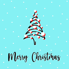 Christmas postcard with hand drawn swirling spruce tree. Red spruce tree with zigzag and twirl design. Concept festive spruce postcard to send your Merry Christmas wishes with spruce. Festive pine.
