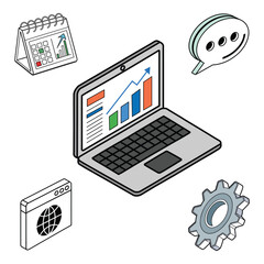 Isometric Vector Illustration of Business Analytics and Data Growth on Laptop with Calendar, Chat, Gear, and Browser Elements on White Background