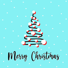 Merry Christmas postcard with hand drawn swirling pine tree. Red and white pine tree with twirl design and decorations on blue background. Festive pine postcard to send Merry Christmas wishes.