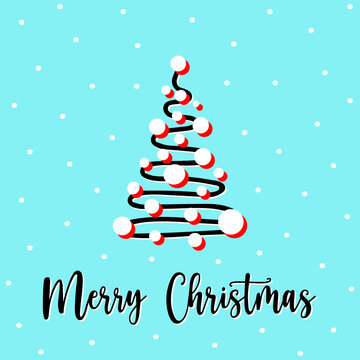 Merry Christmas postcard with hand drawn swirling pine tree. Red and white pine tree with twirl design and decorations on blue background. Festive pine postcard to send Merry Christmas wishes.