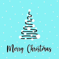 Hand drawn fir tree with swirling lines and snowflakes. Christmas fir tree decorated with white snow on blue background. Concept fir tree postcard for sending Christmas greetings. Festive postcard.
