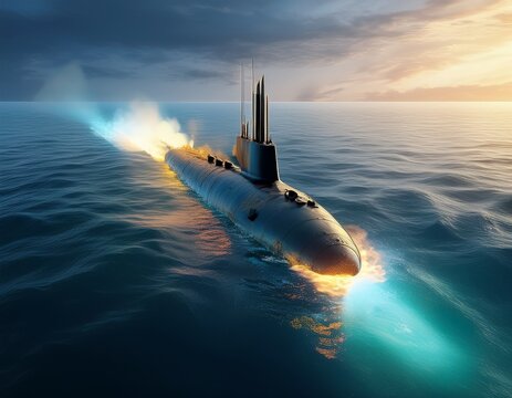 3d rendering submarine submerge underwater firing torpedoes in the open sea