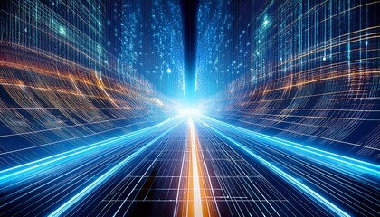 digital data highway dive into a mesmerizing digital realm with glowing lines and grids creating an immersive tunnel of data