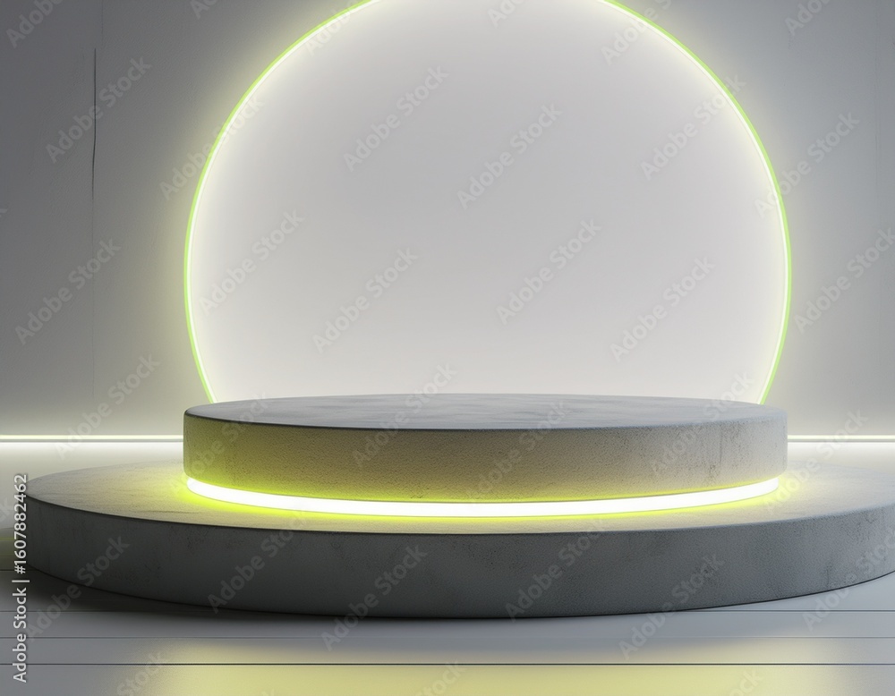Poster empty concrete podium with neon light glowing on white background 3d rendering
