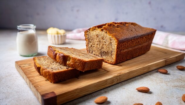 dairy free gluten free homemade food vegan banana bread loaf sliced on a wooden cutting board healthy breakfast recipe
