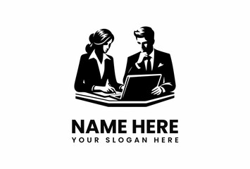 Stylized Business Teamwork Woman Typing Man Thinking at Desk with Laptop.