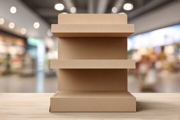 A rectangular cardboard display stand with two side panels features a 3-tier structure and front-facing shelves for sleek product presentation.