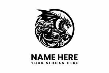 Stylized Dragon and Woman Silhouette in Circular Emblem Fantasy Art.