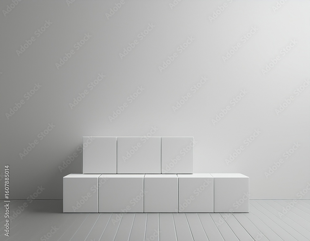 Poster white cube boxes with white blank wall background for display 3d rendering