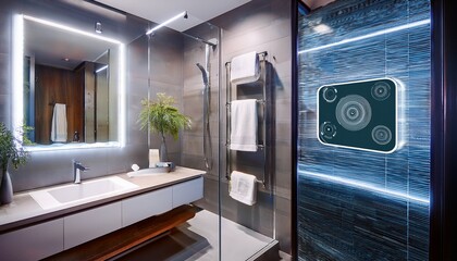 high tech bathroom with a digital shower system a smart mirror and heated towel racks