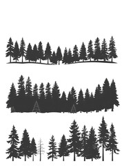 Vintage trees and forest silhouettes set in monochrome style isolated vector illustration, evergreen coniferous forest trees collection.