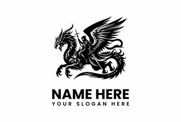 Winged Warrior Riding Dragon with Sword Black and White Emblem.