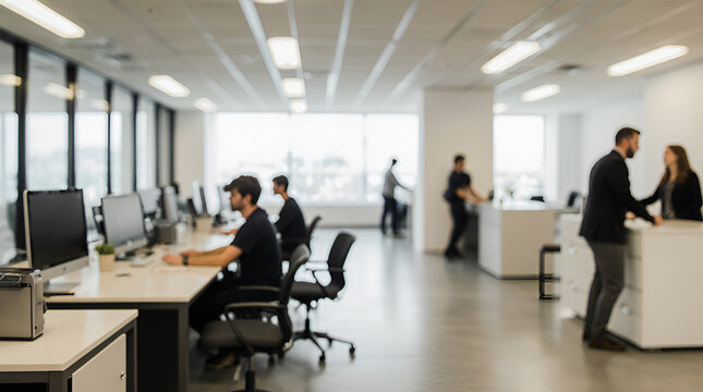 Diverse team working together in a modern, bright open-plan office environment, fostering collaboration and productivity for business success and growth.