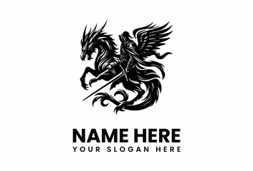 Winged Knight astride a Dragon wielding sword in silhouette.