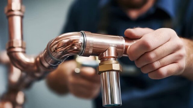 Close-up video of a plumber fitting and assembling copper pipes for plumbing system