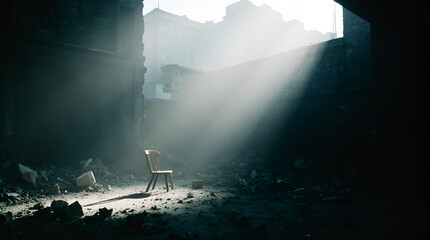 Fototapeta premium An empty wooden chair sits alone in the dusty ruins of a dark, abandoned building, powerfully illuminated by a single, dramatic beam of light.