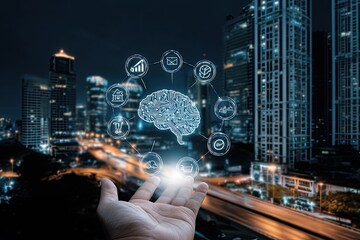 Hand holding a digital brain over a city at night