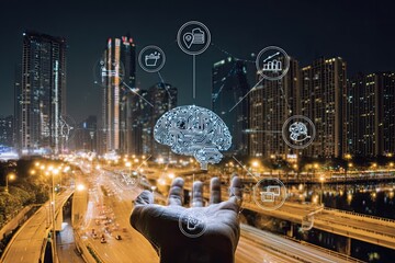 A hand holding a holographic brain over a city at night