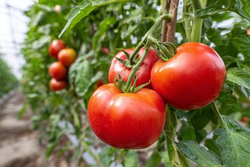 Vibrant red tomatoes on vine in lush greenhouse setting