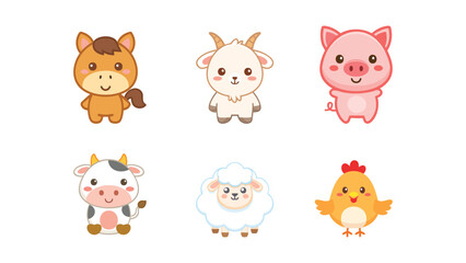 Six charming cartoon farm animals stand ready to brighten your day