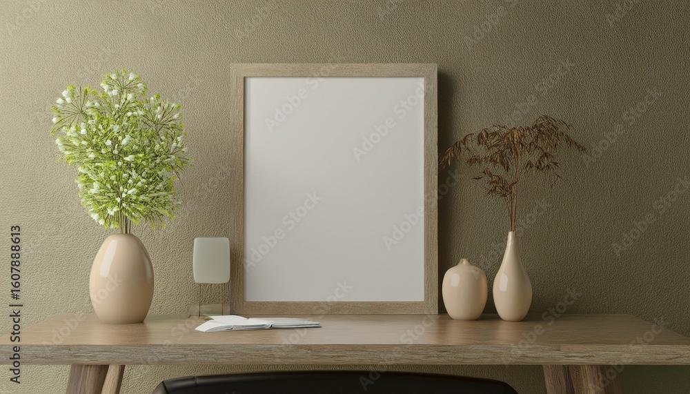 Aufkleber blank picture frame with table and wall background 3d rendering